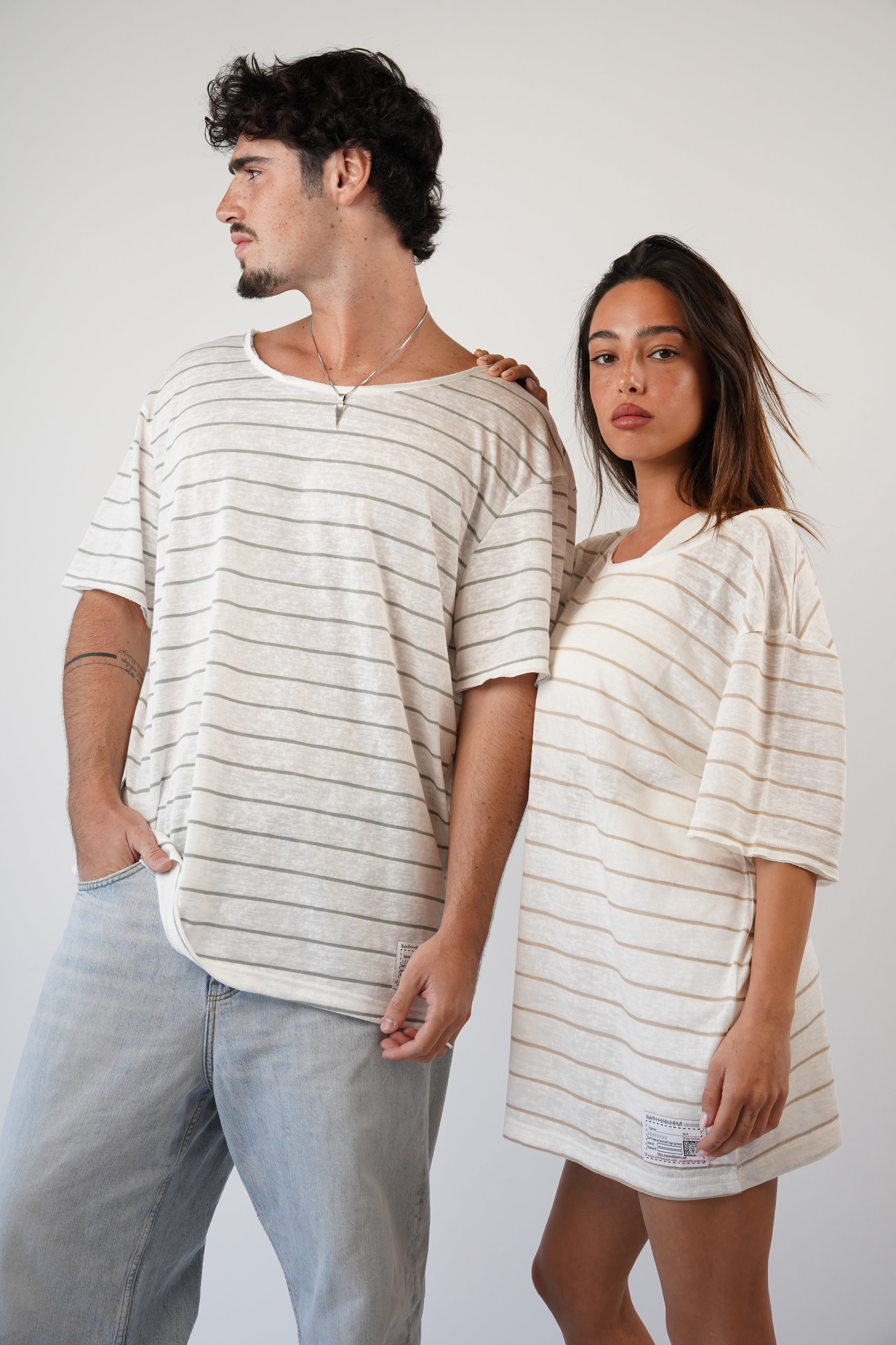LINEN TEE - BEIGE & WHITE