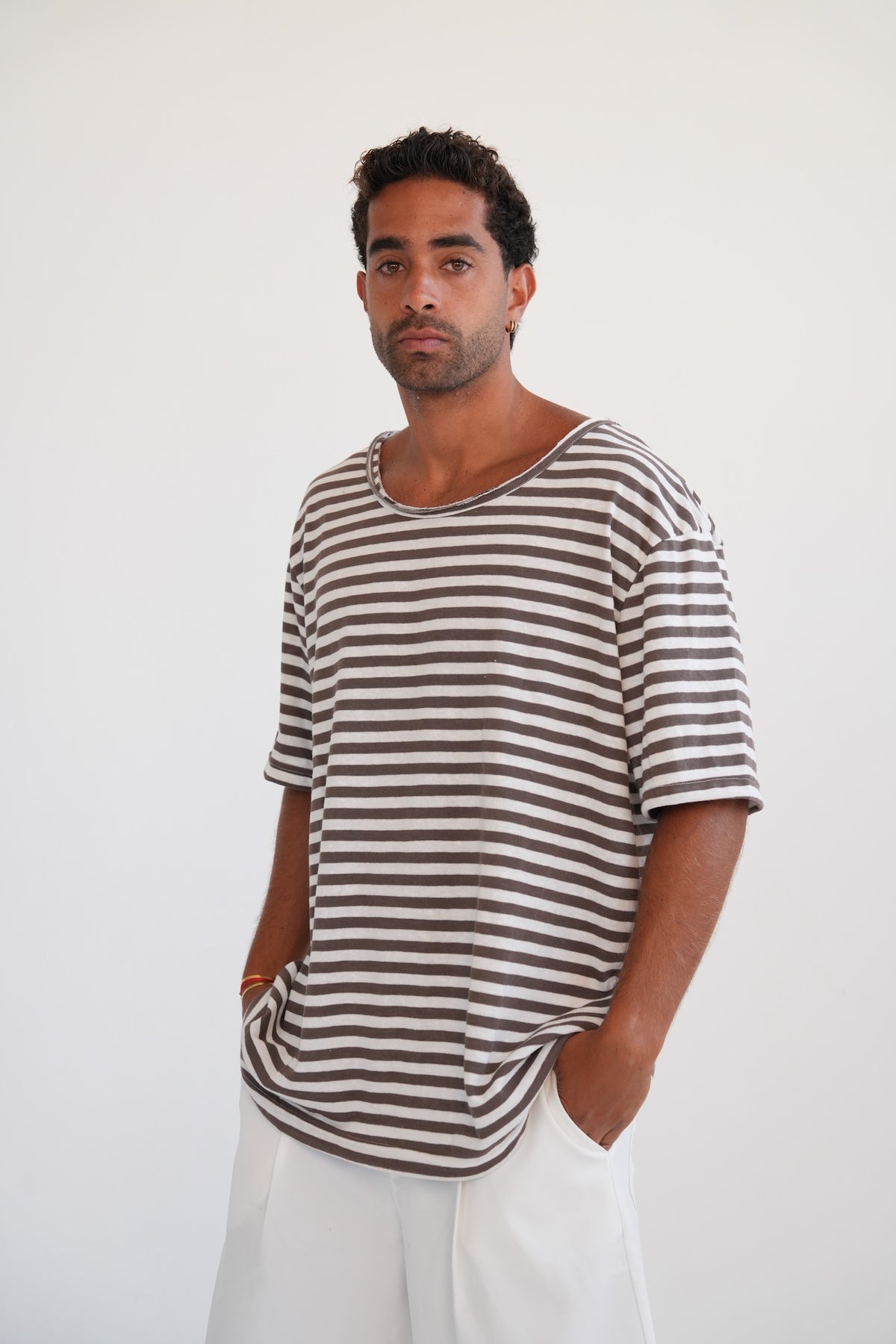 LINEN TEE - BROWN & WHITE