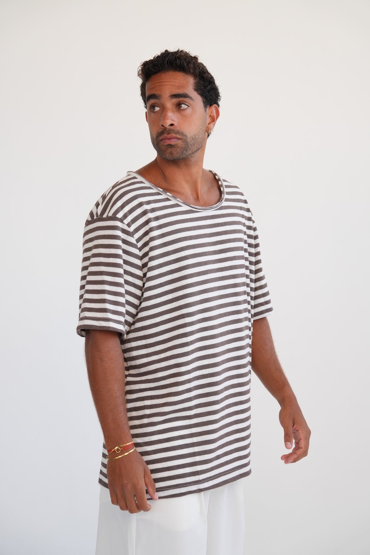 LINEN TEE - BROWN & WHITE
