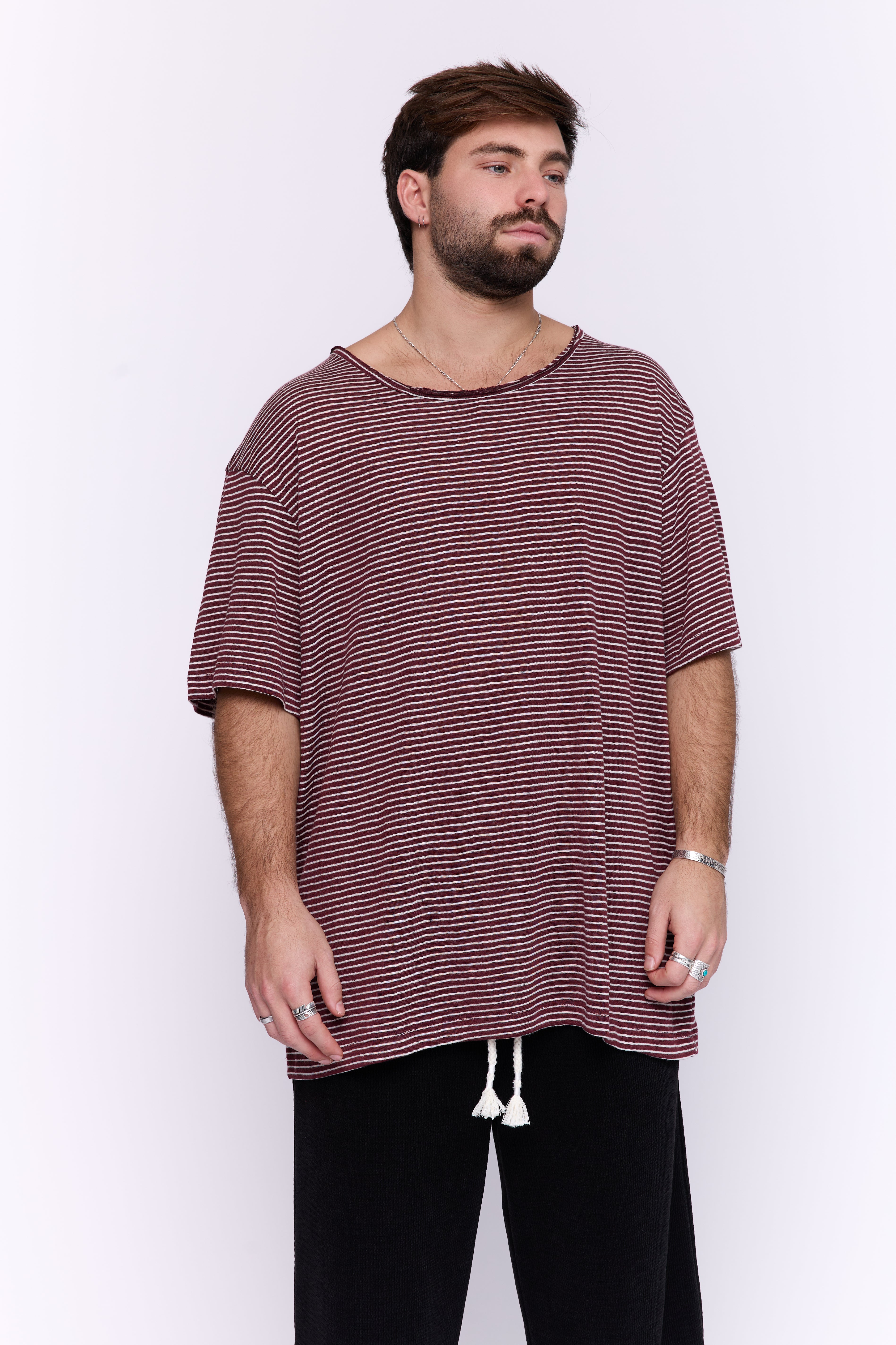 LINEN TEE - BORDEAUX & WHITE