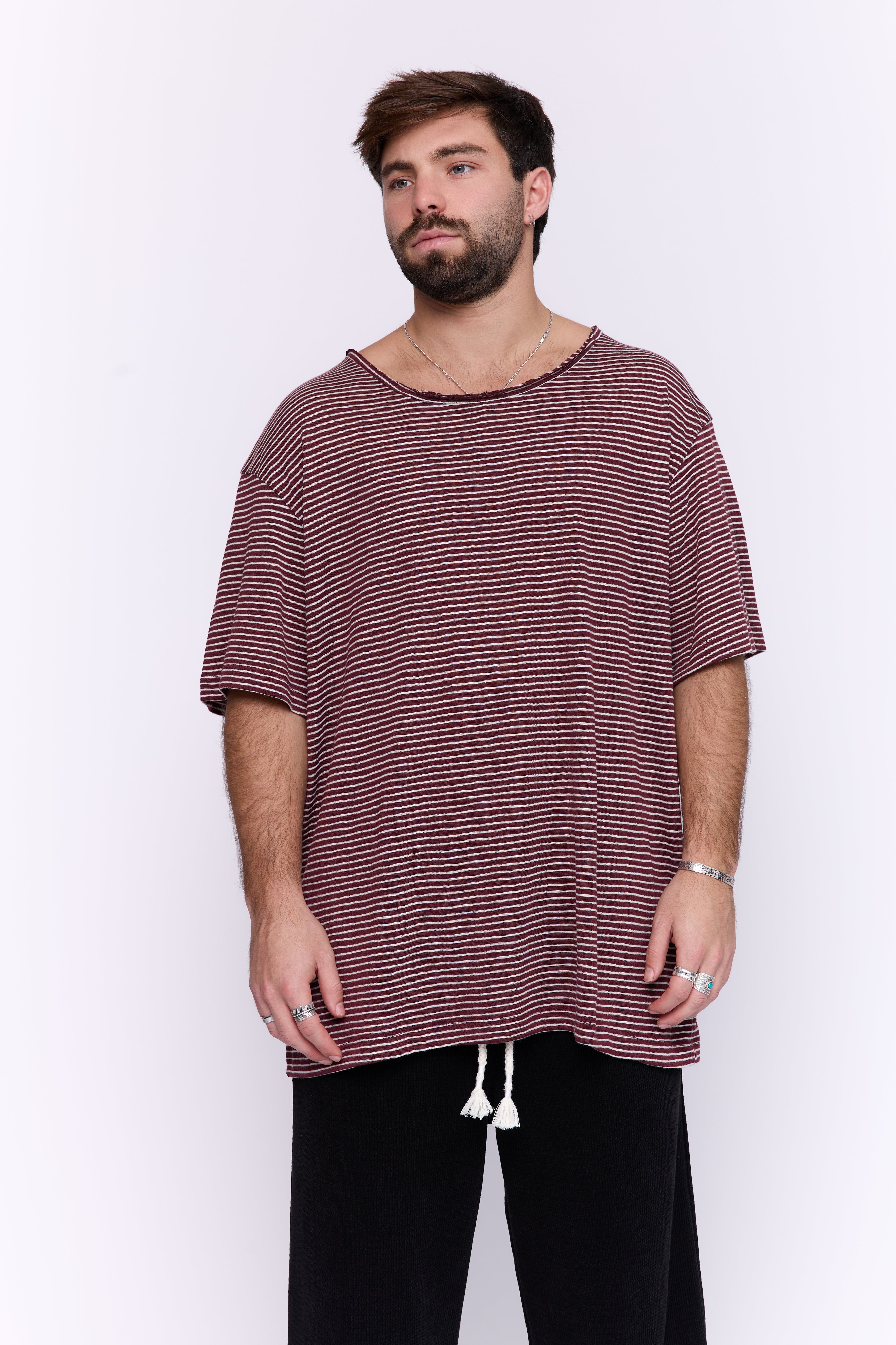 LINEN TEE - BORDEAUX & WHITE