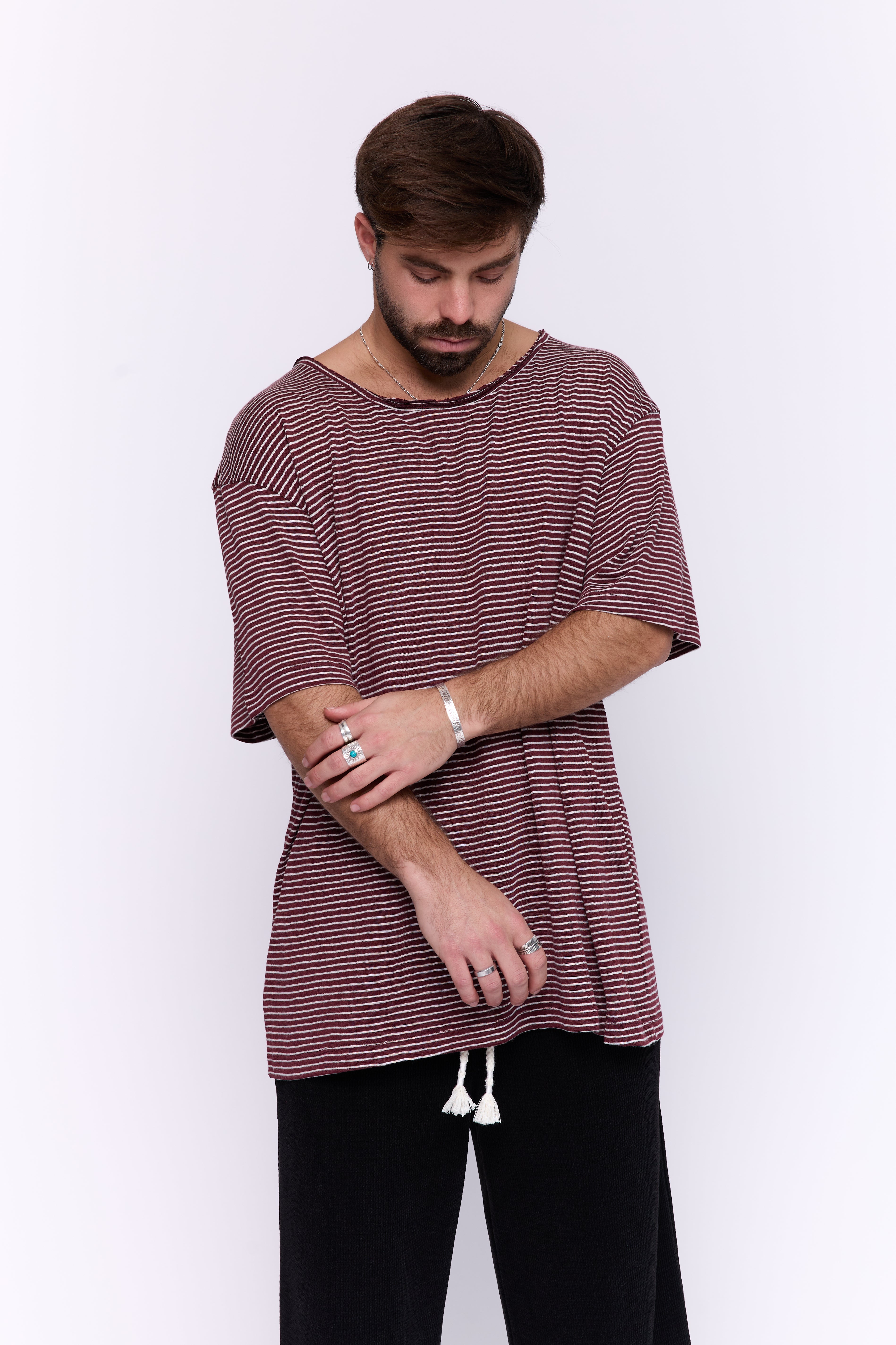 LINEN TEE - BORDEAUX & WHITE