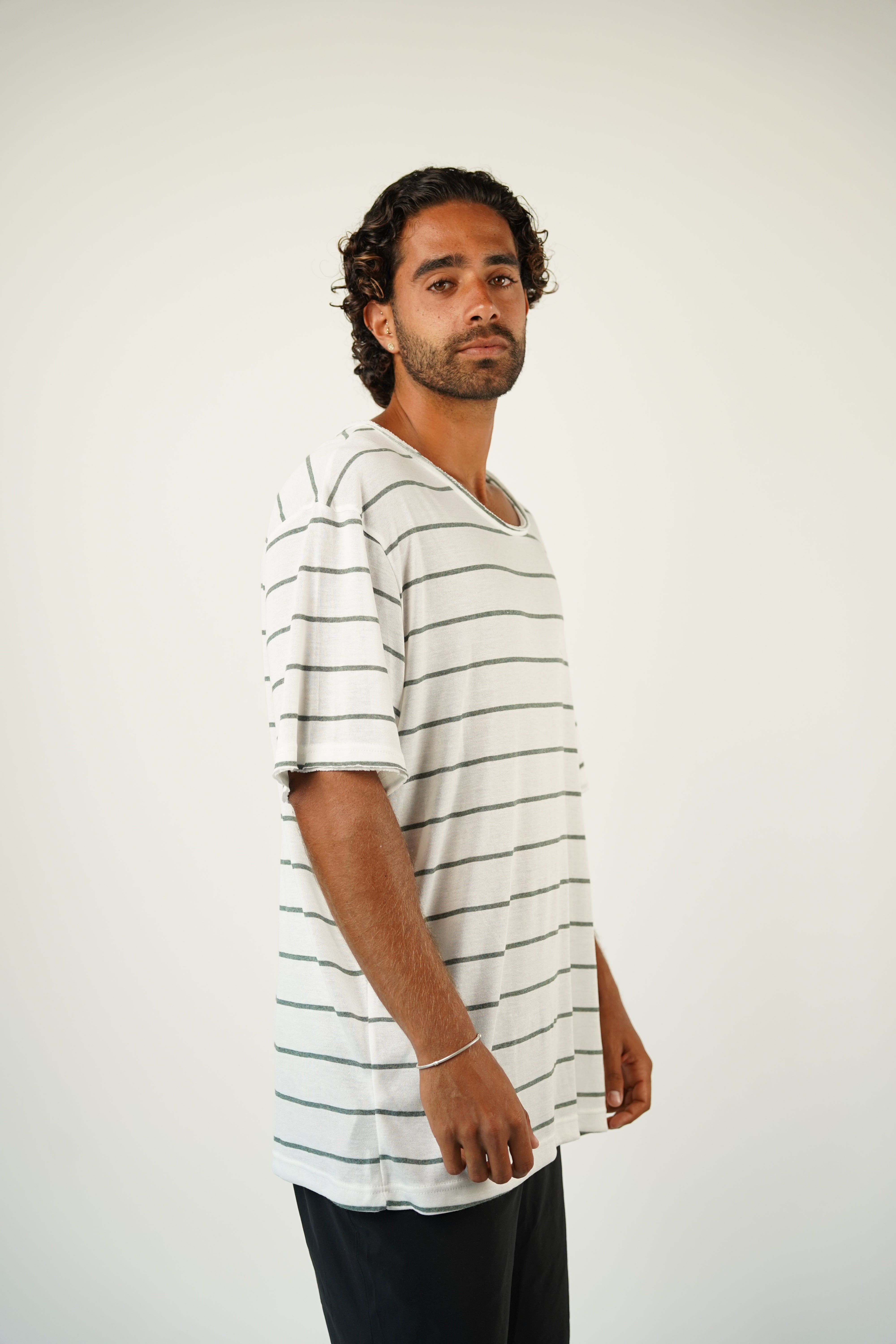 LINEN TEE - GREEN & WHITE