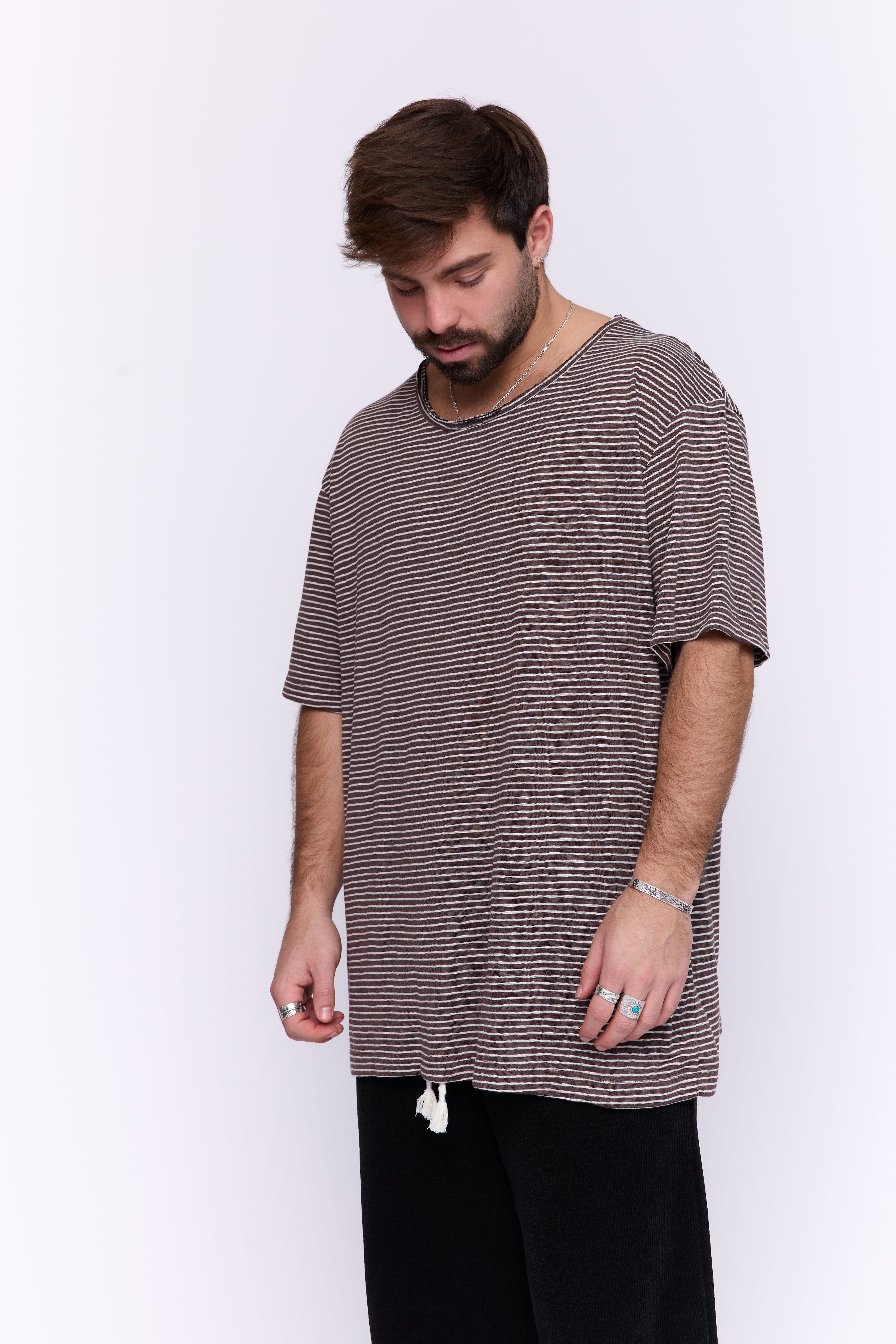LINEN TEE - BROWN & WHITE