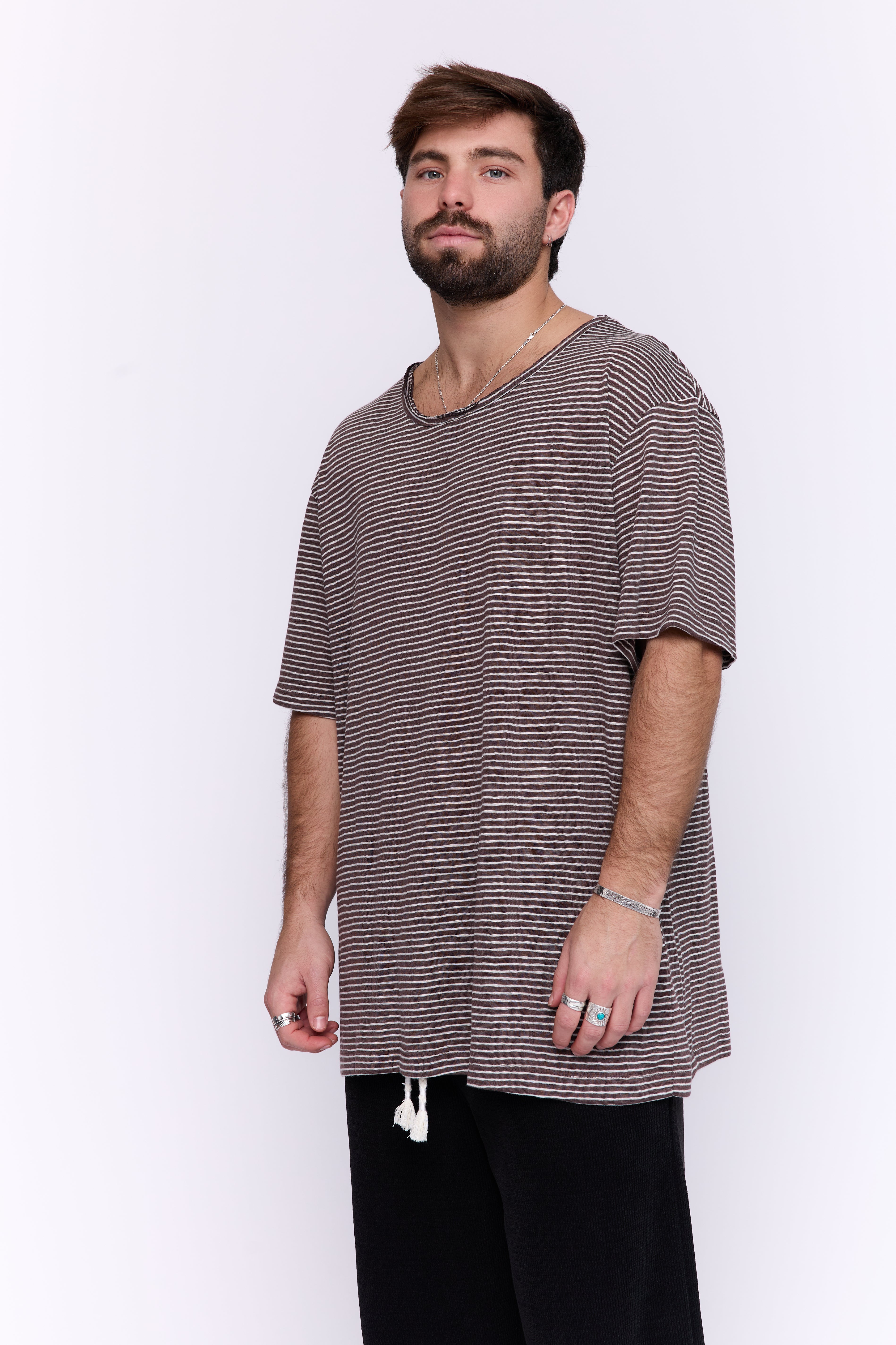 LINEN TEE - BROWN & WHITE